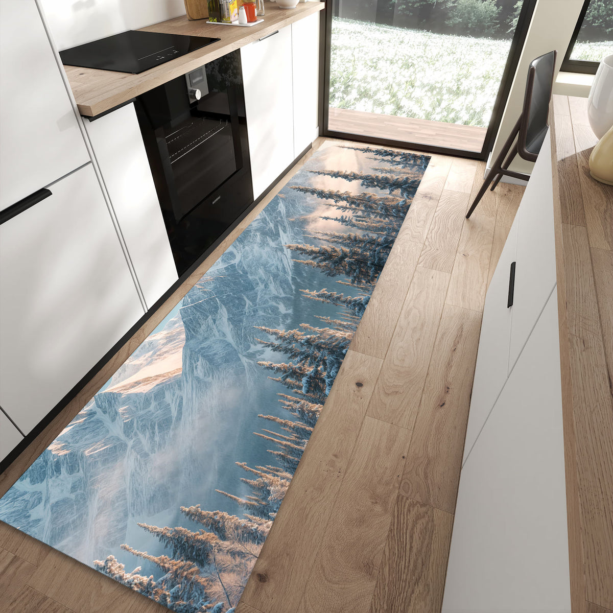Formstabiler rutschfester Küchenläufer mit Motiv Schneebedeckte Berge in moderner Küche