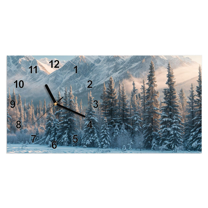Wanduhr Schneebedeckte Berge aus Glas – Querformat 60 × 30 cm mit Ziffernblatt Modern