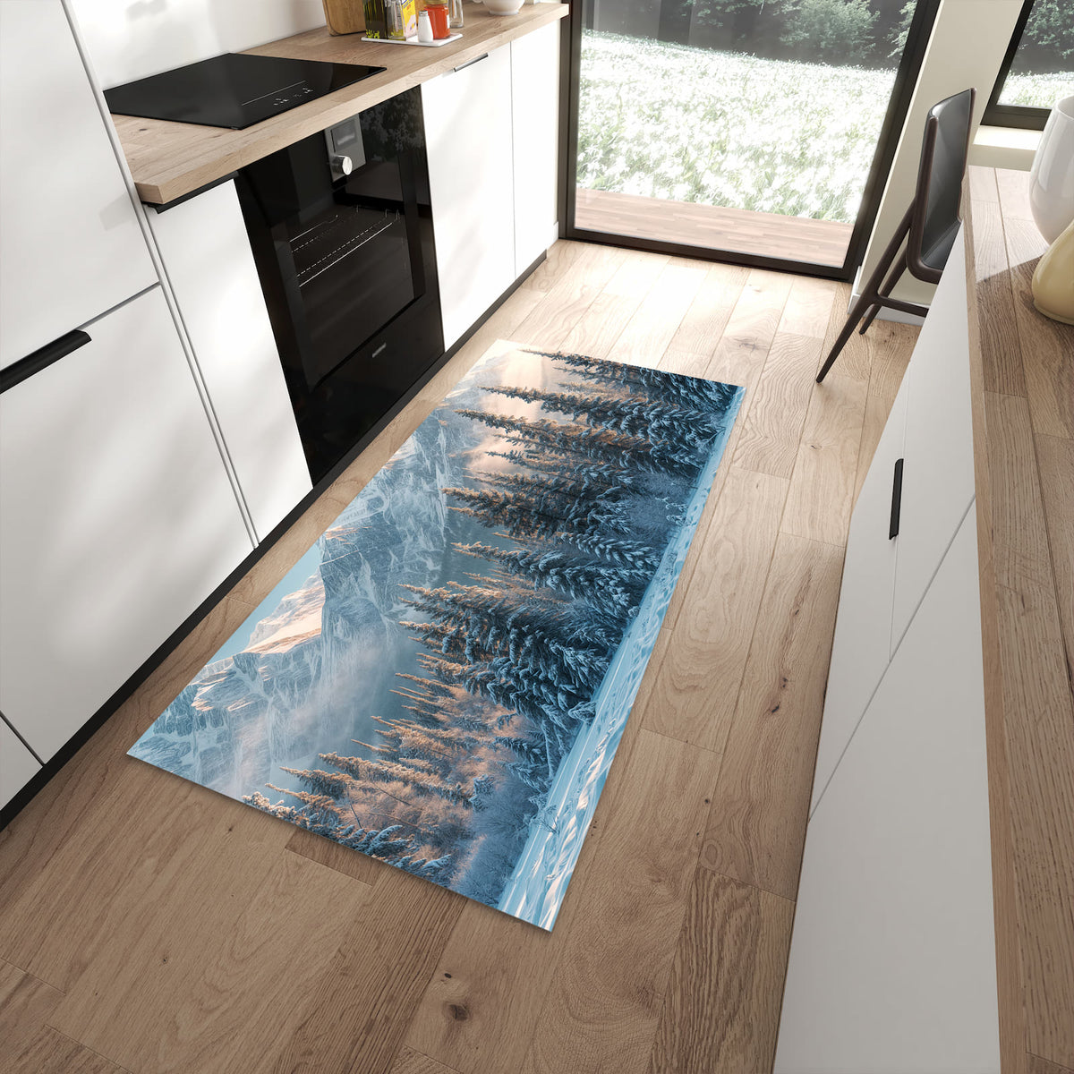 Waschbarer Küchenläufer mit Motiv Schneebedeckte Berge in moderner Küche für sicheres Aufbewahren