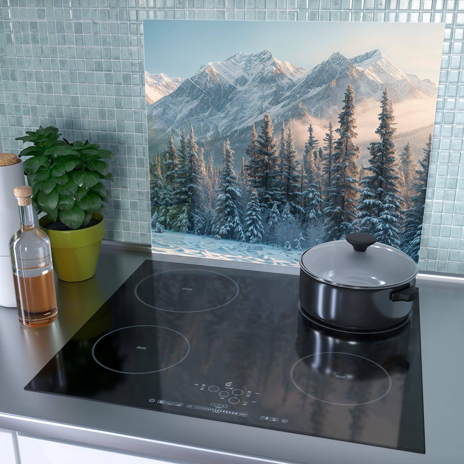 1-teilige Herdabdeckplatte mit Schneebedeckte Berge-Motiv als Spritzschutz hinter dem Kochfeld
