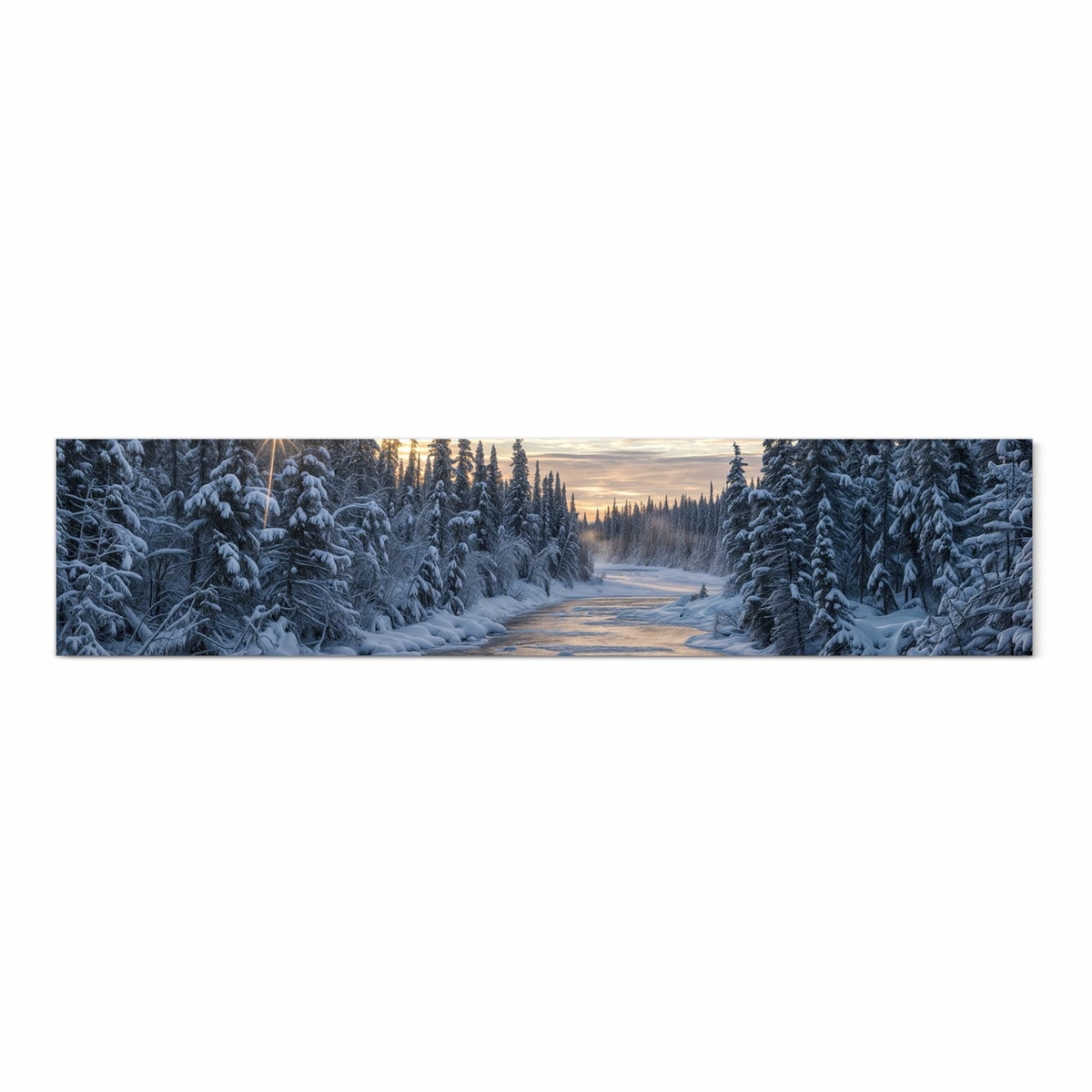 Feuchtigkeitsresistenter Küchenteppich mit Motiv Winterflusswald in Frontansicht