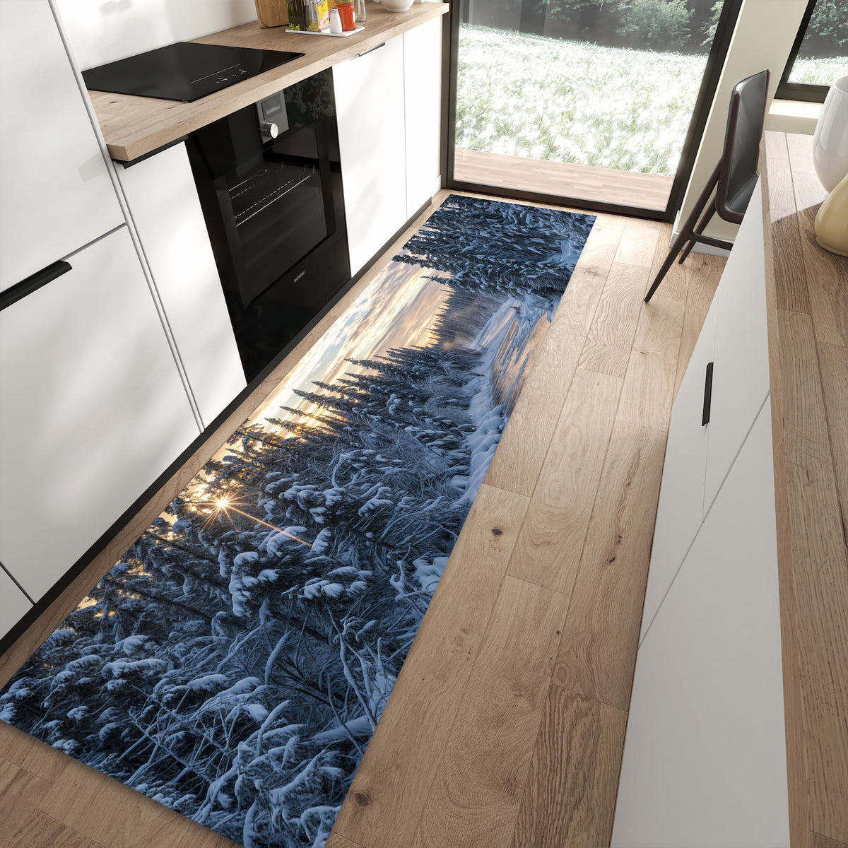 Rutschfester Küchenläufer mit Motiv Winterflusswald in moderner Küche