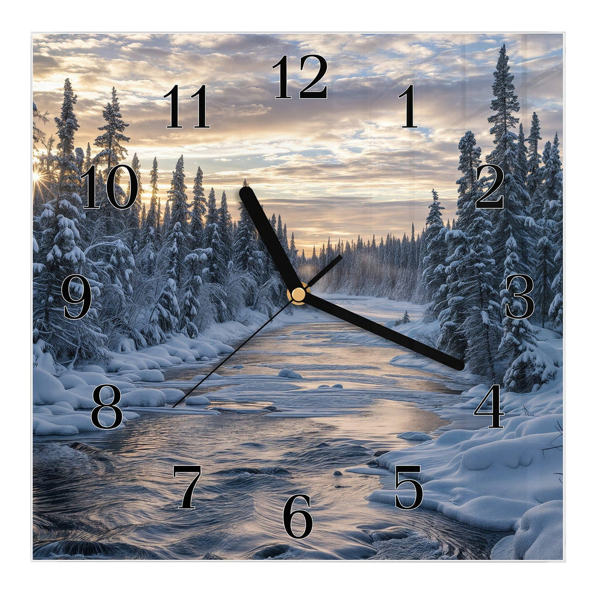 Wanduhr aus Glas, Ziffernblatt Klassisch: Offener Fluss zwischen tief verschneiten Fichten, tiefstehende Sonne über Wolken