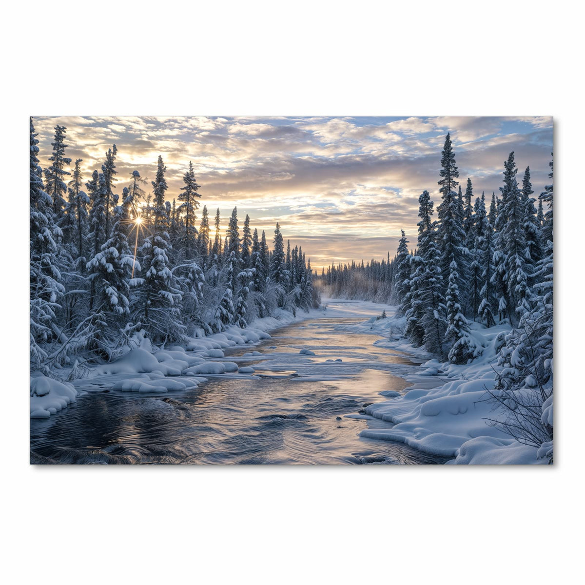 Ordnungsschaffender Küchenteppich mit Motiv Winterflusswald in Frontansicht für Übersicht