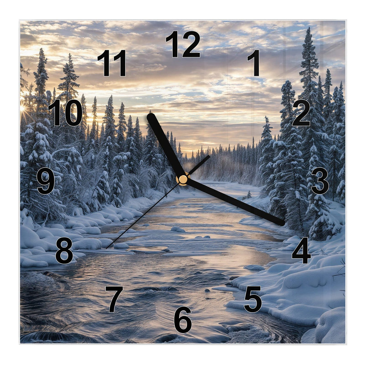 Wanduhr aus Glas, Ziffernblatt Modern: Offener Fluss zwischen tief verschneiten Fichten, tiefstehende Sonne über Wolken #ziffernblatt_Modern