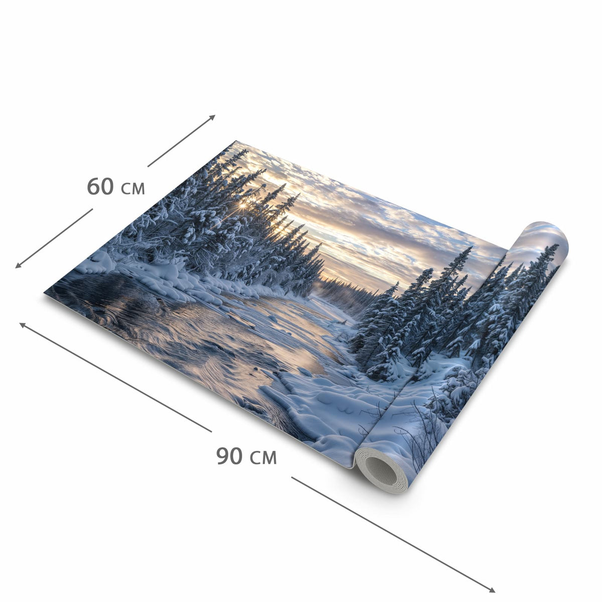Komfortabler Küchenteppich mit Motiv Winterflusswald in der Grösse 80x300 cm