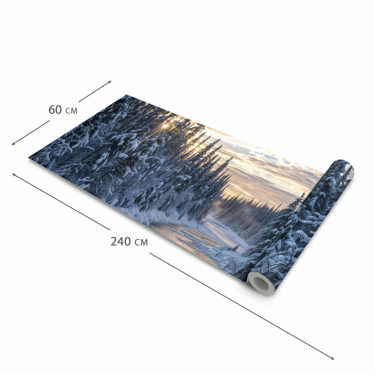 Geräuschdämpfender Küchenvorleger mit Motiv Winterflusswald in der Größe 80x300 cm