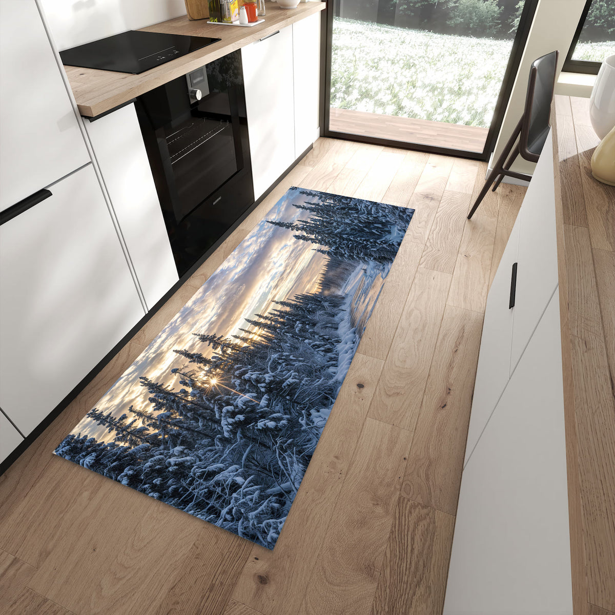 Flacher Bodenläufer mit Motiv Winterflusswald in moderner Küche