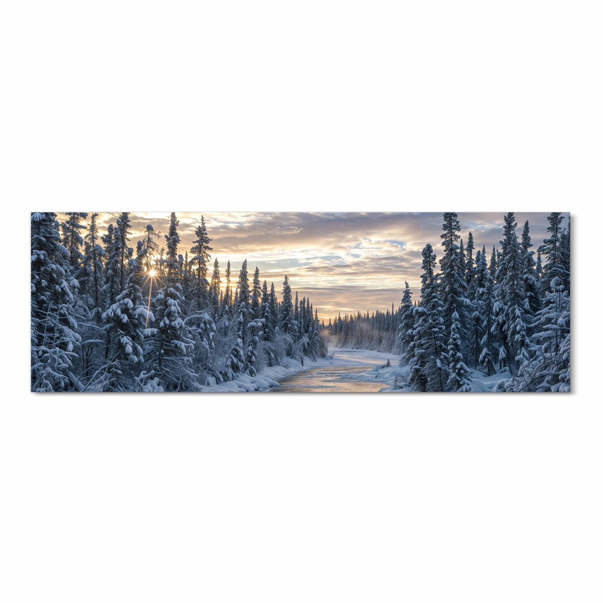 Langlebiger Küchenläufer mit Motiv Winterflusswald in Frontansicht, abwaschbar