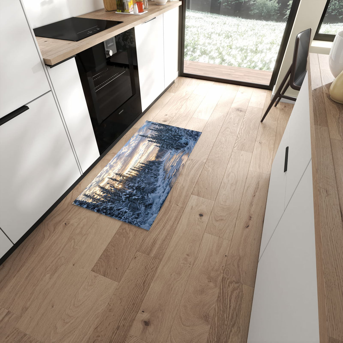 UV-beständiger dünner Teppich mit Motiv Winterflusswald in moderner Küche #grösse_60 x 120 cm