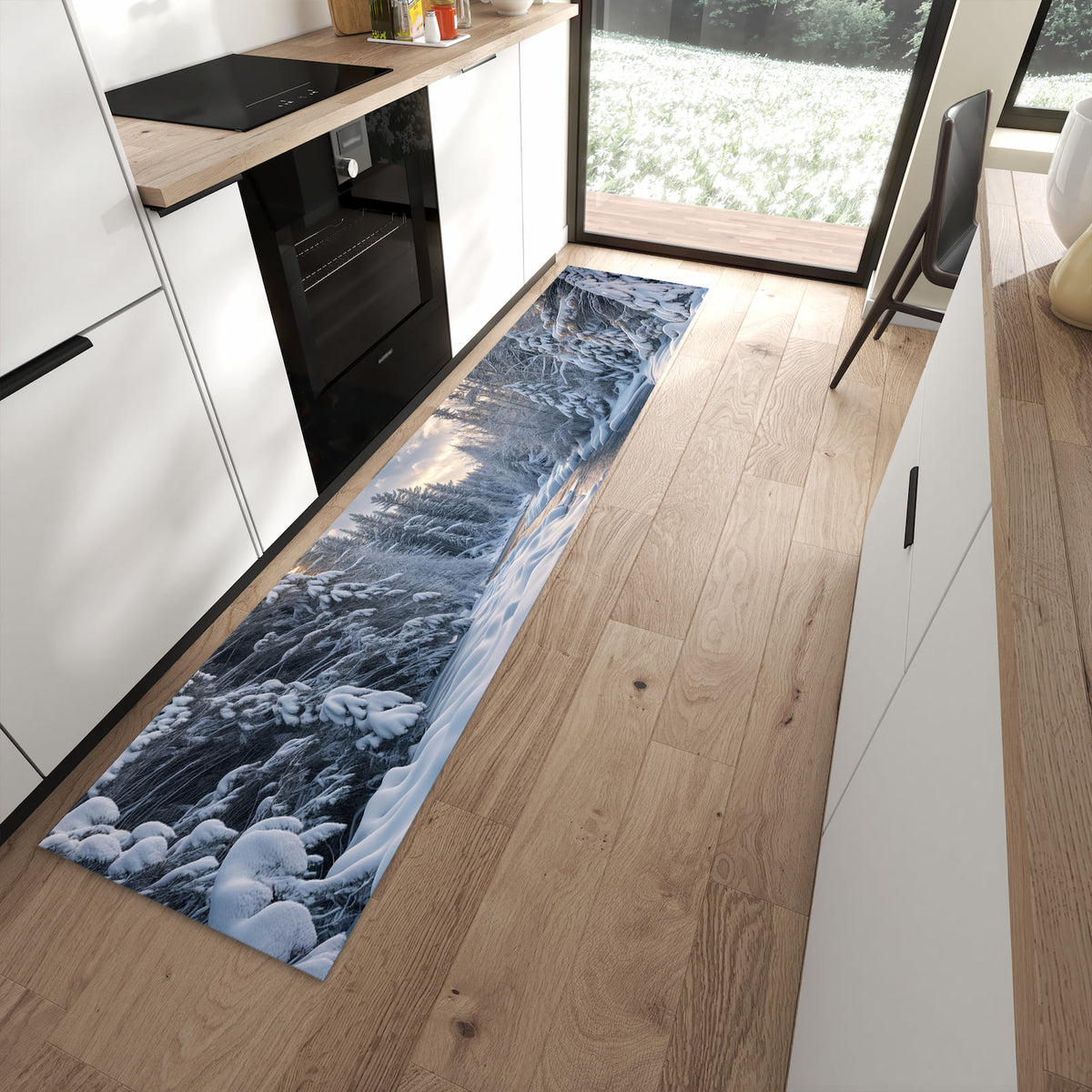 Bodenschonender Küchenteppich mit Motiv Winterfluss in moderner Küche