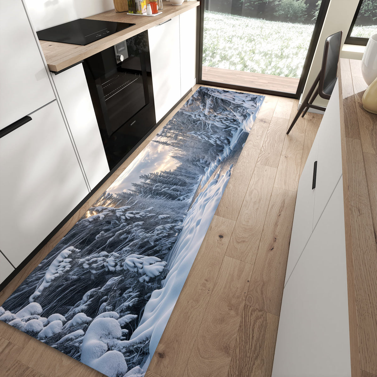 Zeitsparender langer Teppich mit Motiv Winterfluss in moderner Küche