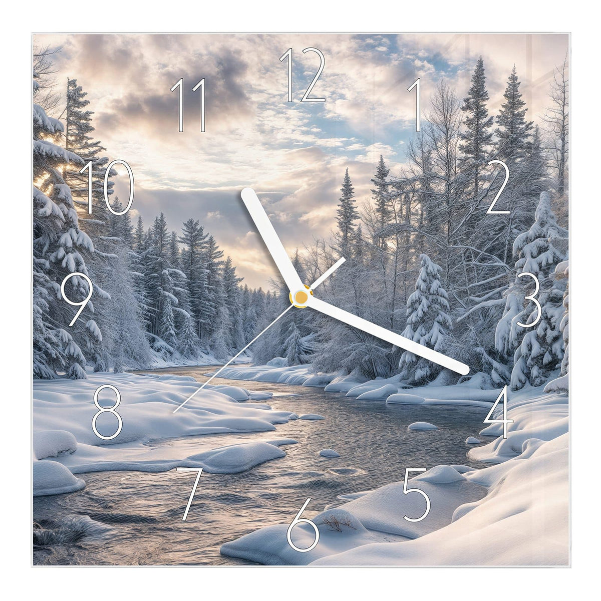 Wanduhr aus Glas, Ziffernblatt Elegant: Fließender Fluss zwischen dick verschneiten Ufern und weißen Nadelbäumen #ziffernblatt_Elegant