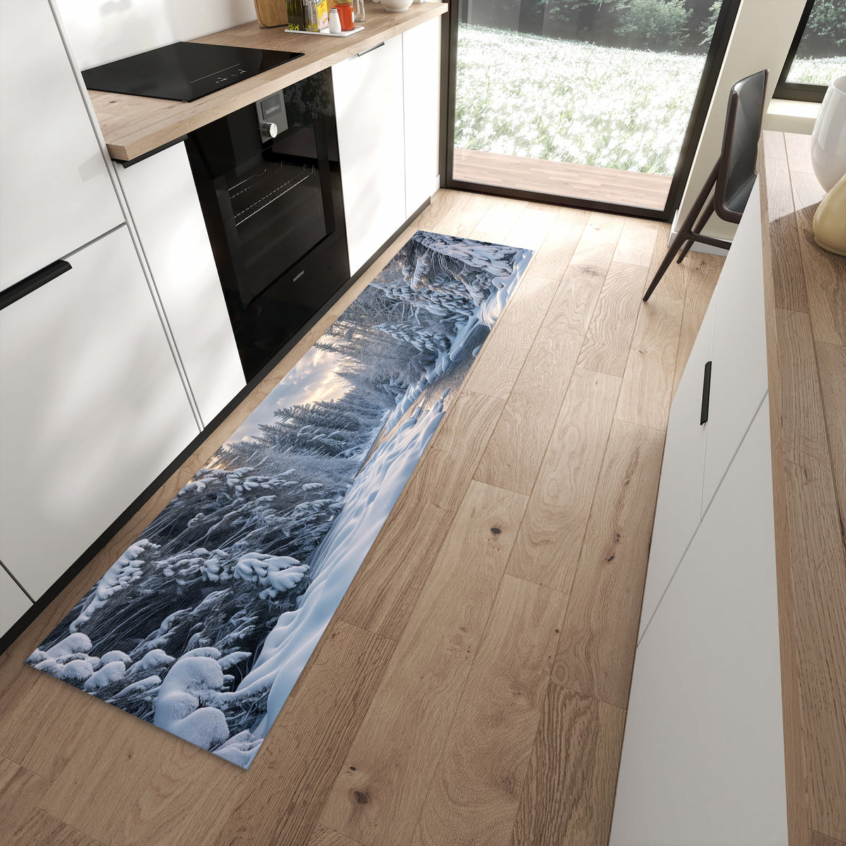Feuchtigkeitsresistenter Küchenvorleger mit Motiv Winterfluss in moderner Küche