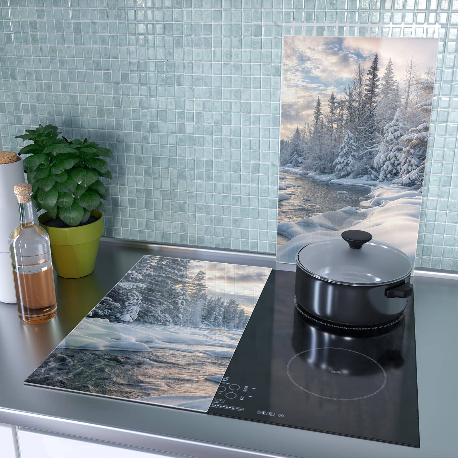 2-teilige Herdabdeckplatten aus Glas mit Winterfluss-Motiv als Spritzschutz hinter dem Kochfeld