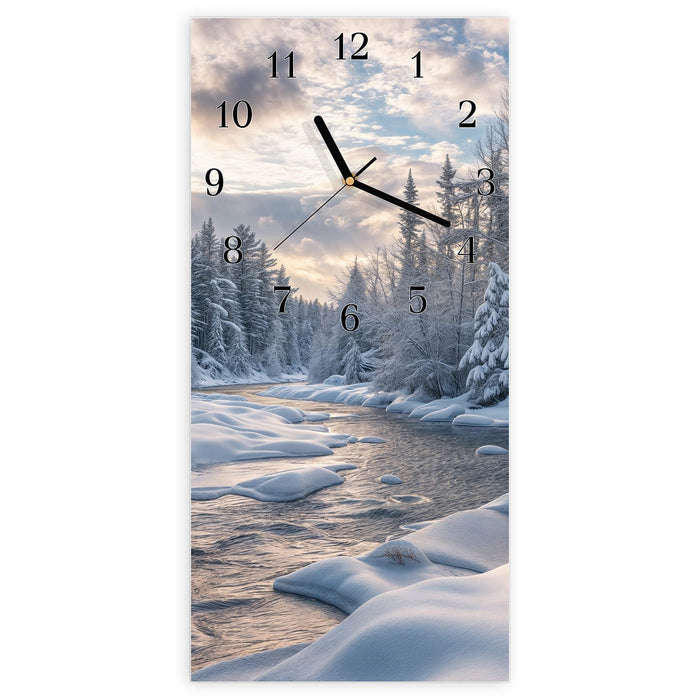 Wanduhr Winterfluss aus Glas – Hochformat 30 × 60 cm mit Ziffernblatt Klassisch