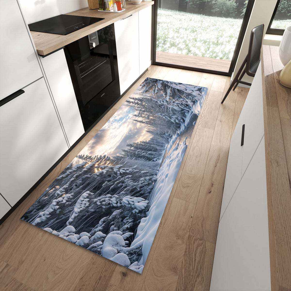 Abriebfester rutschfester Läufer mit Motiv Winterfluss in moderner Küche