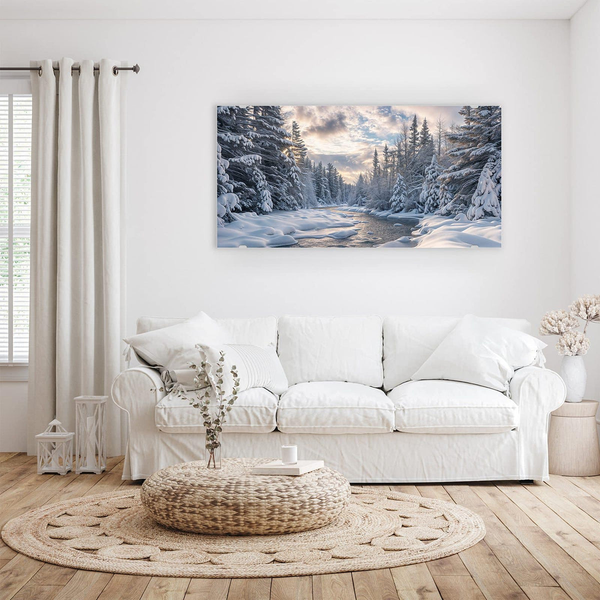 Wandbild - Verschneiter Flusslauf - Querformat – Offener Fluss zwischen Schnee und Tannen