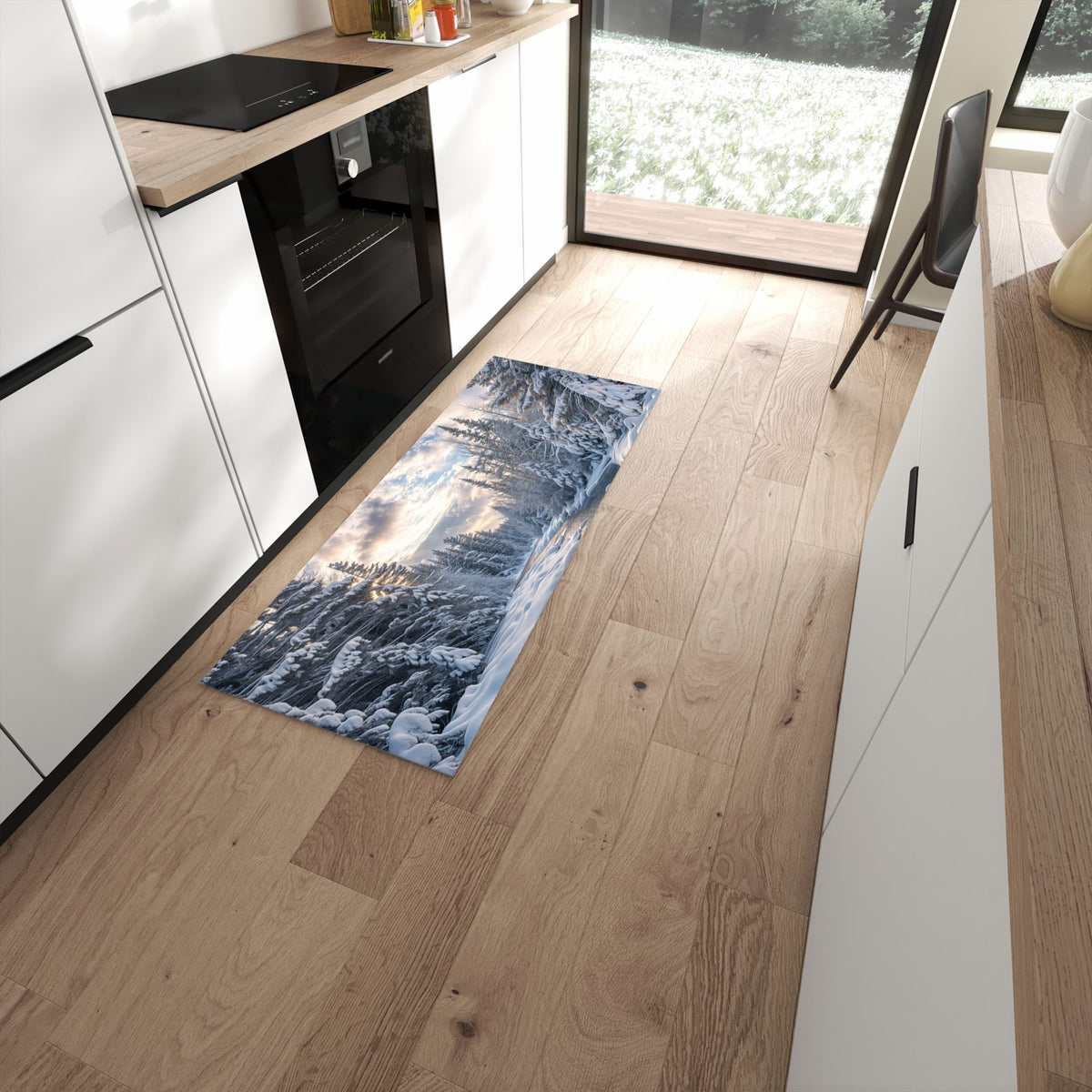 Langlebiger Küchenläufer mit Motiv Winterfluss in moderner Küche #grösse_60 x 150 cm