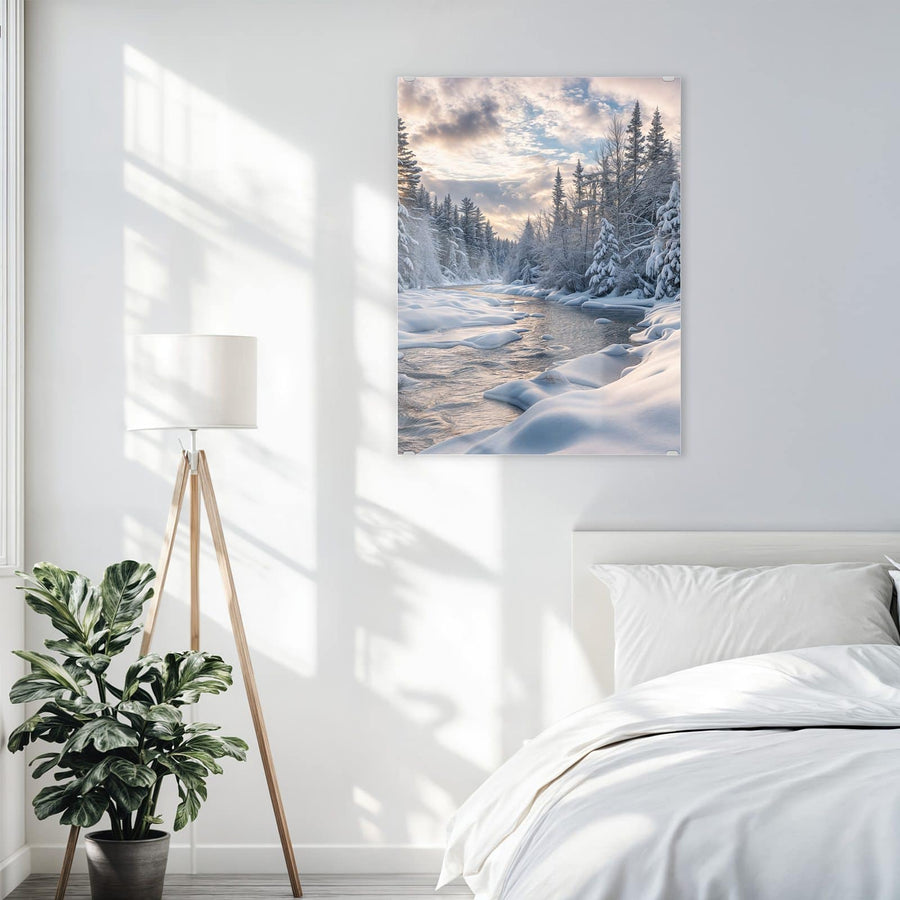 Maße Wandbild - Verschneiter Flusslauf - Hochformat
