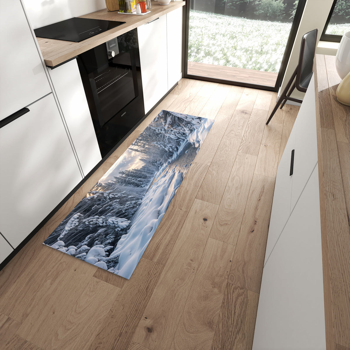 Rutschfester Küchenläufer mit Motiv Winterfluss in moderner Küche