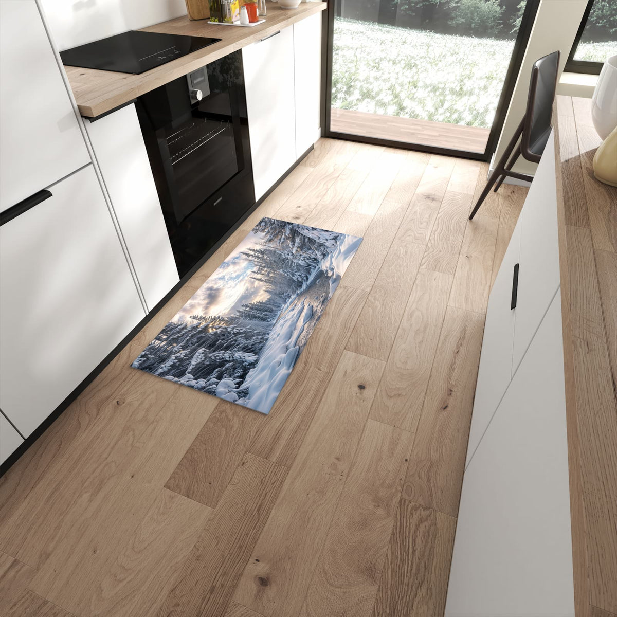 Waschbarer Küchenläufer mit Motiv Winterfluss in moderner Küche #grösse_60 x 120 cm