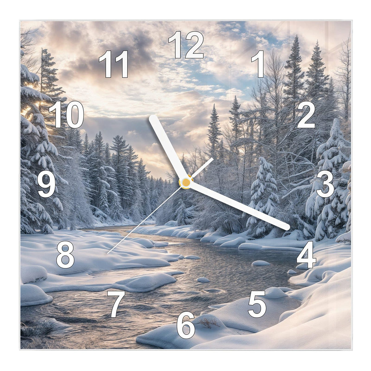 Wanduhr aus Glas, Ziffernblatt Modern: Fließender Fluss zwischen dick verschneiten Ufern und weißen Nadelbäumen #ziffernblatt_Modern