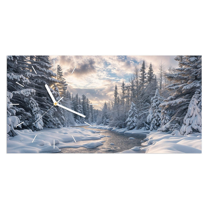 Wanduhr Winterfluss aus Glas – Querformat 60 × 30 cm mit Ziffernblatt Linie