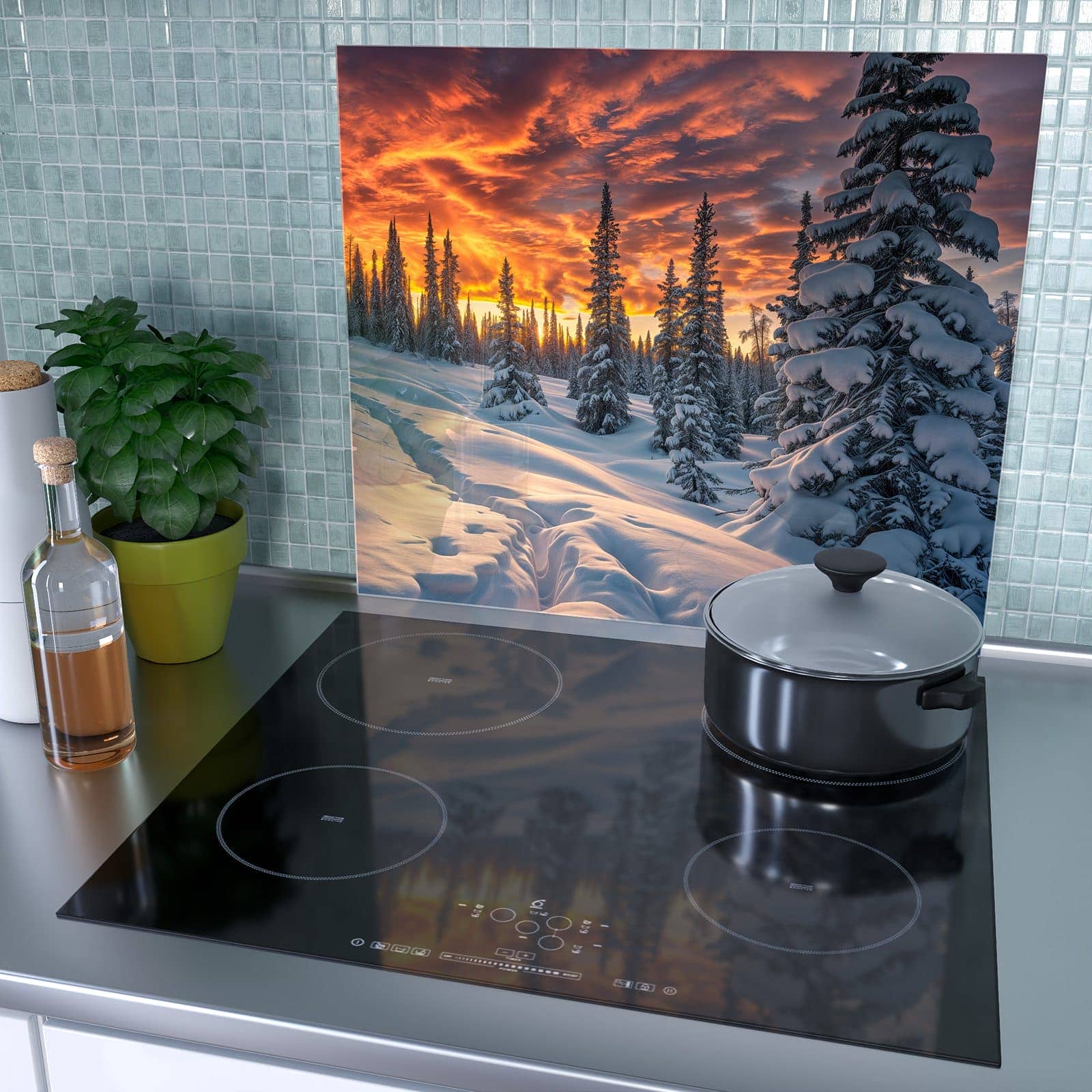 1-teilige Ceranfeld Abdeckplatten mit Winter Sonnenuntergang-Motiv als Spritzschutz hinter dem Kochfeld