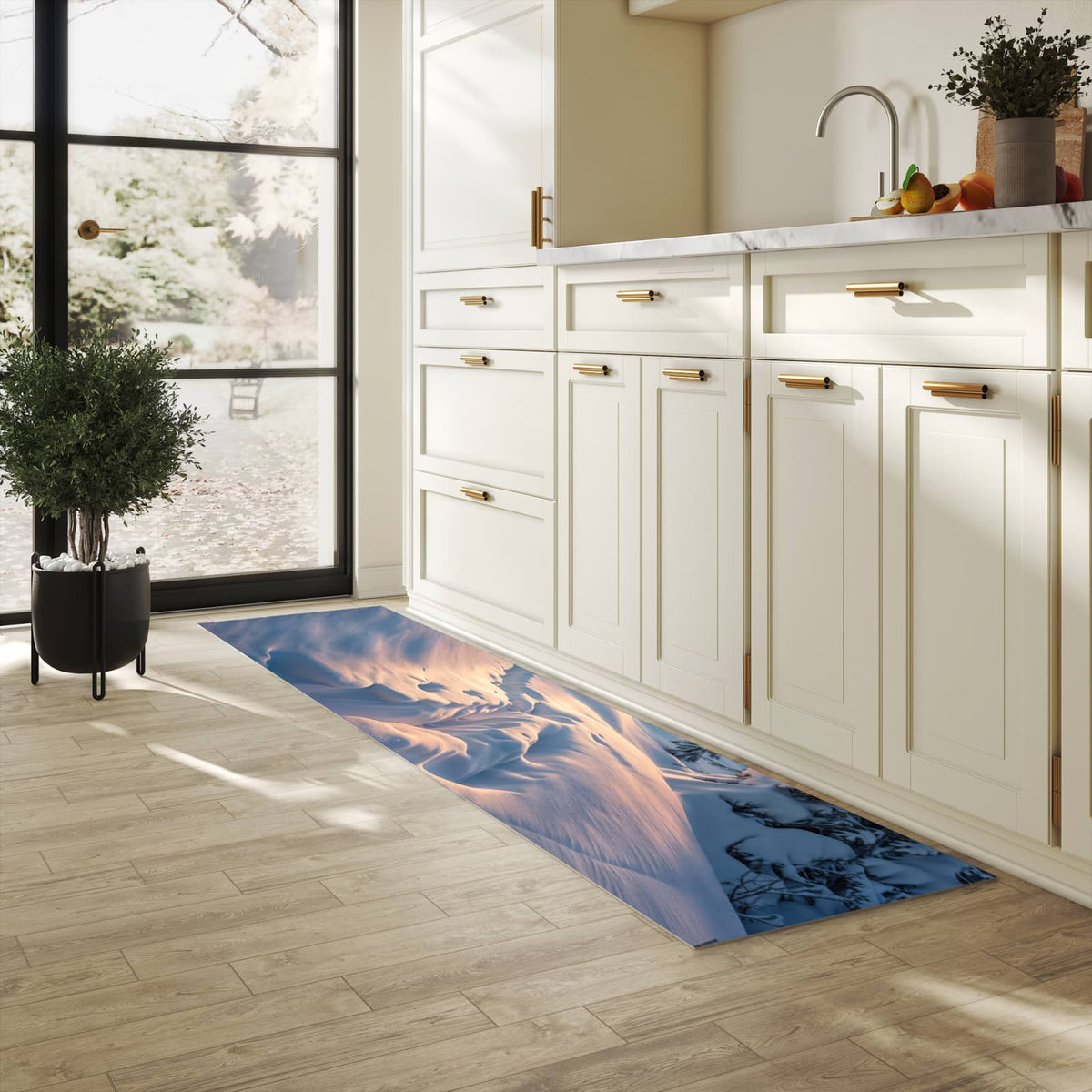 Langlebiger Küchenteppich mit Motiv Winter Sonnenuntergang in heller Küche