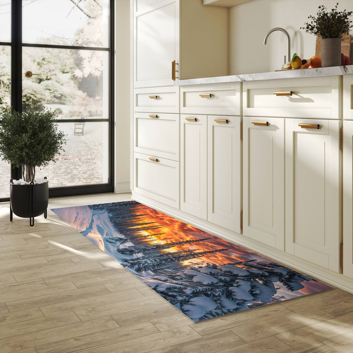Küchenteppich mit Motiv Winter Sonnenuntergang für Ordnung in heller Küche