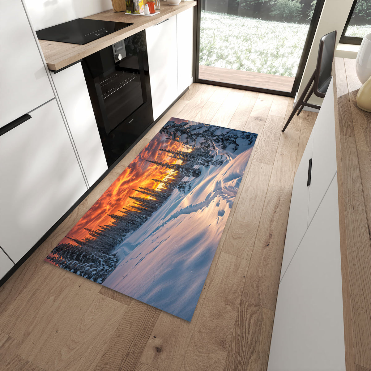 Hygienischer Küchenteppich mit Motiv Winter Sonnenuntergang in moderner Küche