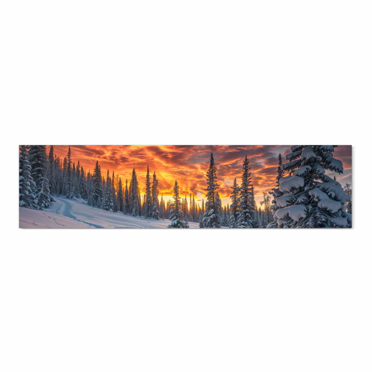 Formstabiler waschbarer Küchenteppich mit Motiv Winter Sonnenuntergang in Frontansicht