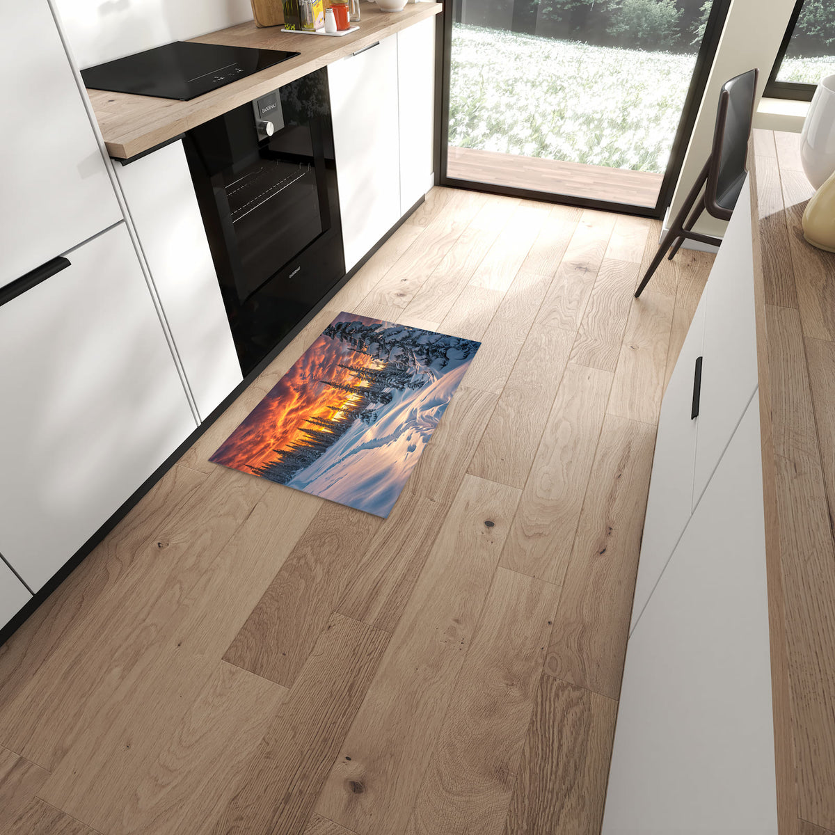 Pflegeleichter Teppich für Küche mit Motiv Winter Sonnenuntergang in moderner Küche