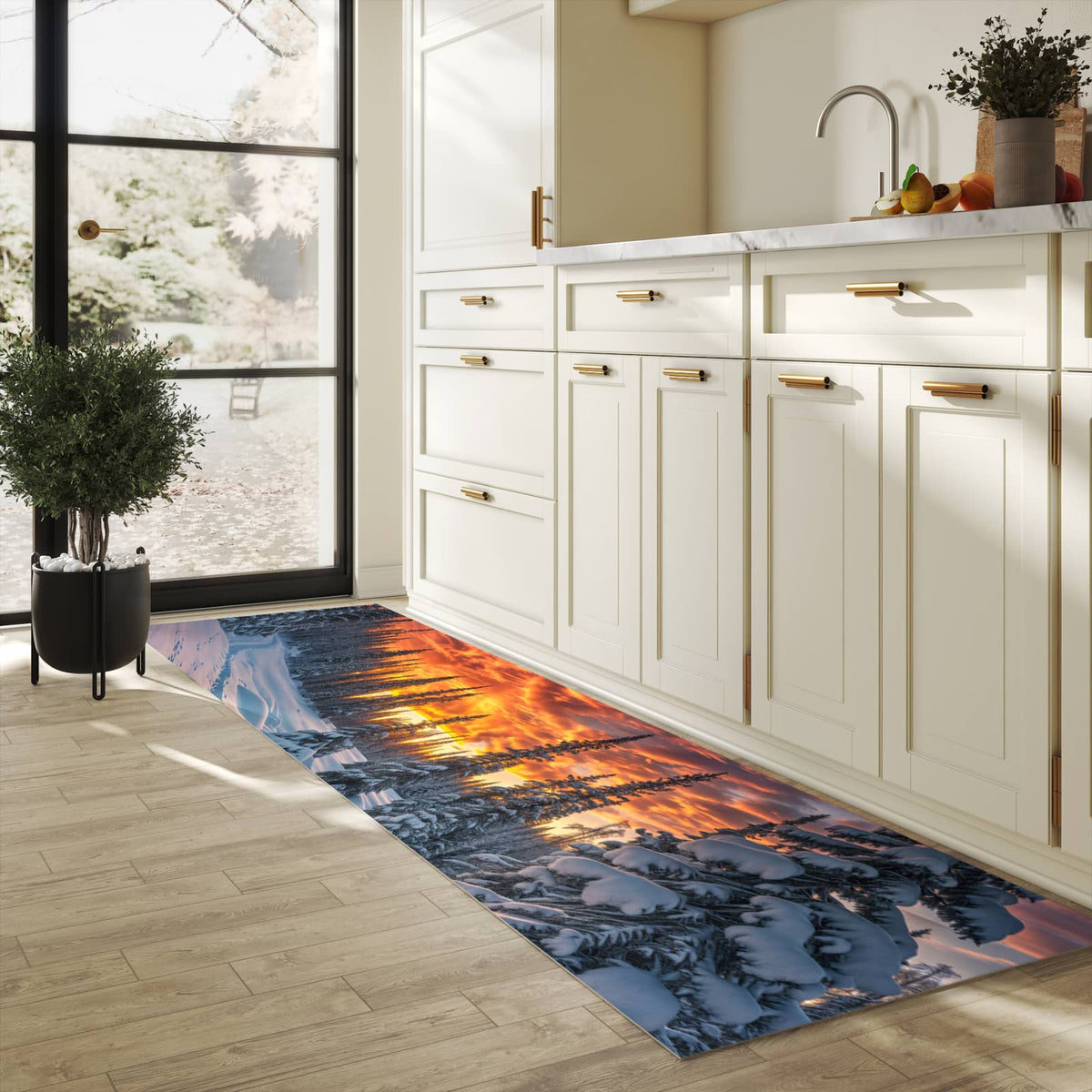 Farbbeständiger waschbarer Küchenteppich mit Motiv Winter Sonnenuntergang in heller Küche