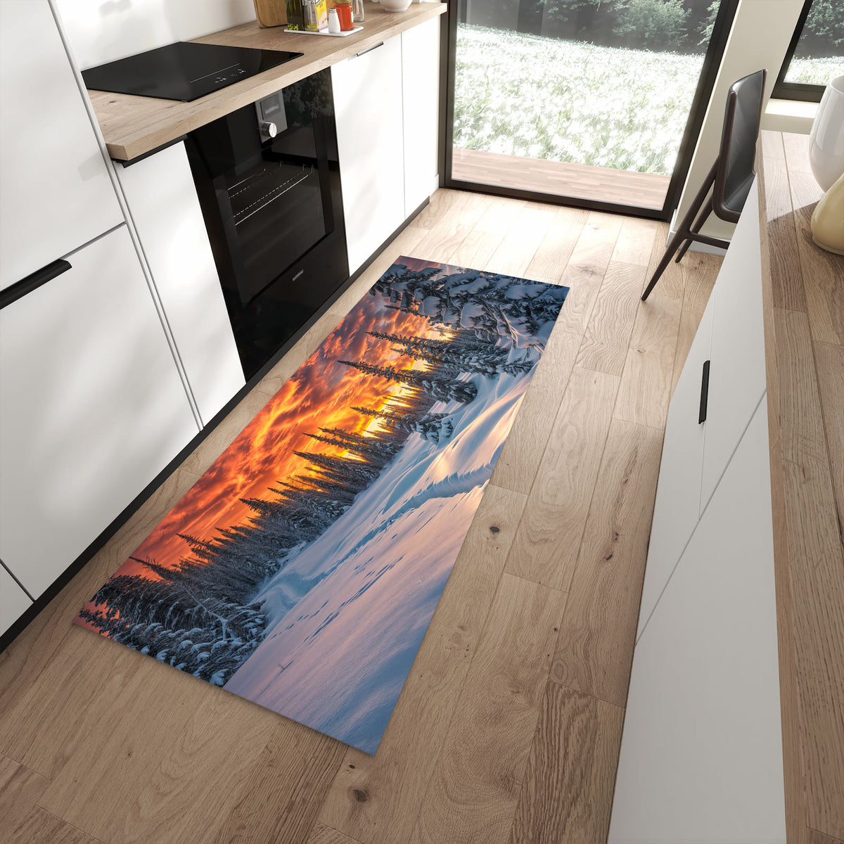 Komfortabler Küchenteppich mit Motiv Winter Sonnenuntergang in moderner Küche