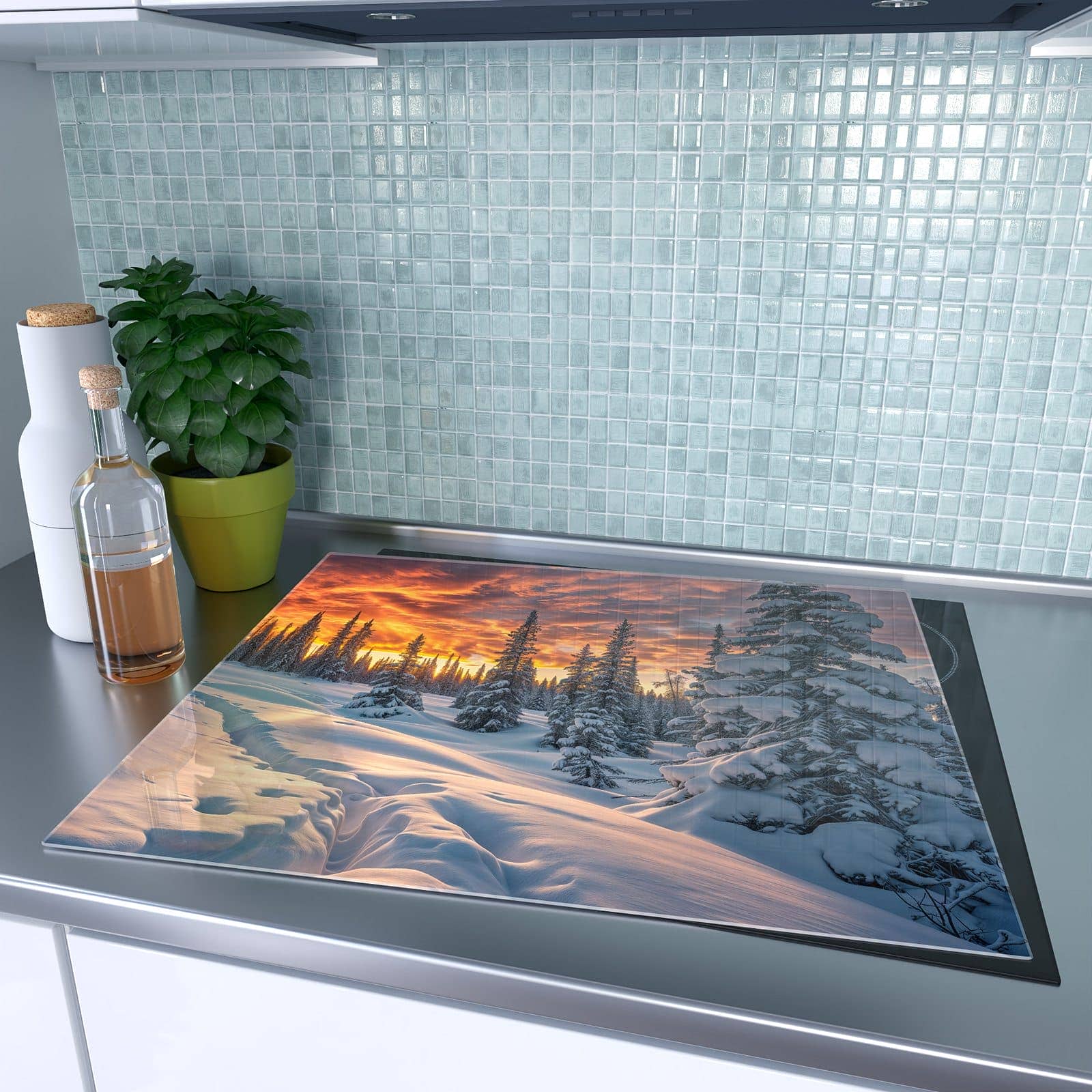 1-teilige Herdabdeckplatte aus Glas mit Winter Sonnenuntergang-Motiv auf dem Ceranfeld