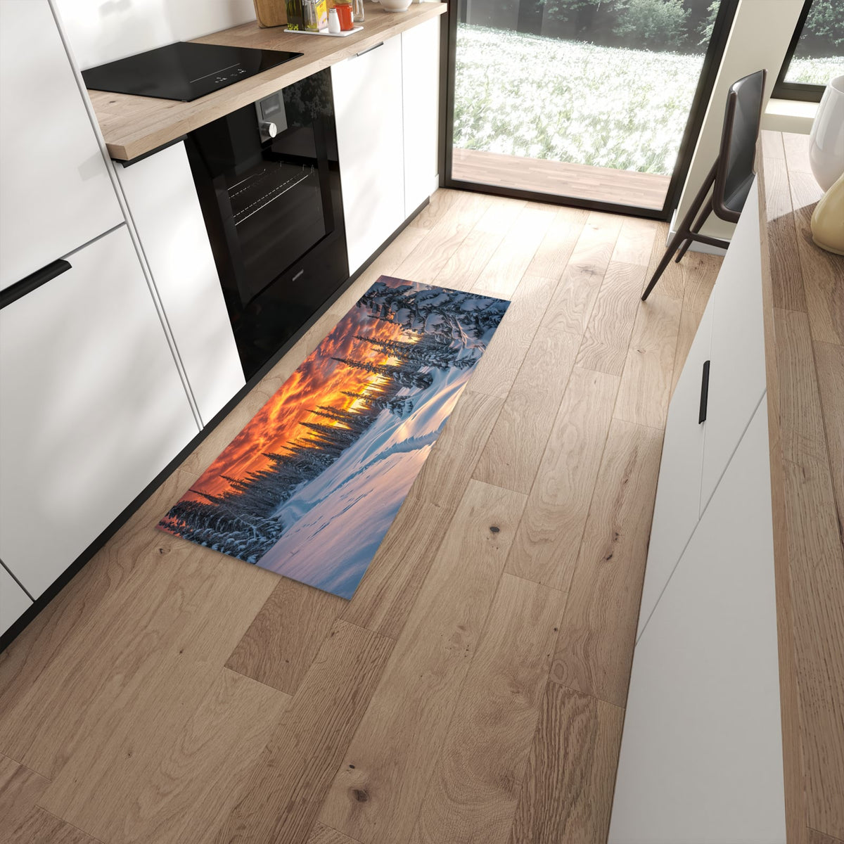 Fleckenresistenter moderner Küchenläufer mit Motiv Winter Sonnenuntergang in moderner Küche #grösse_60 x 150 cm