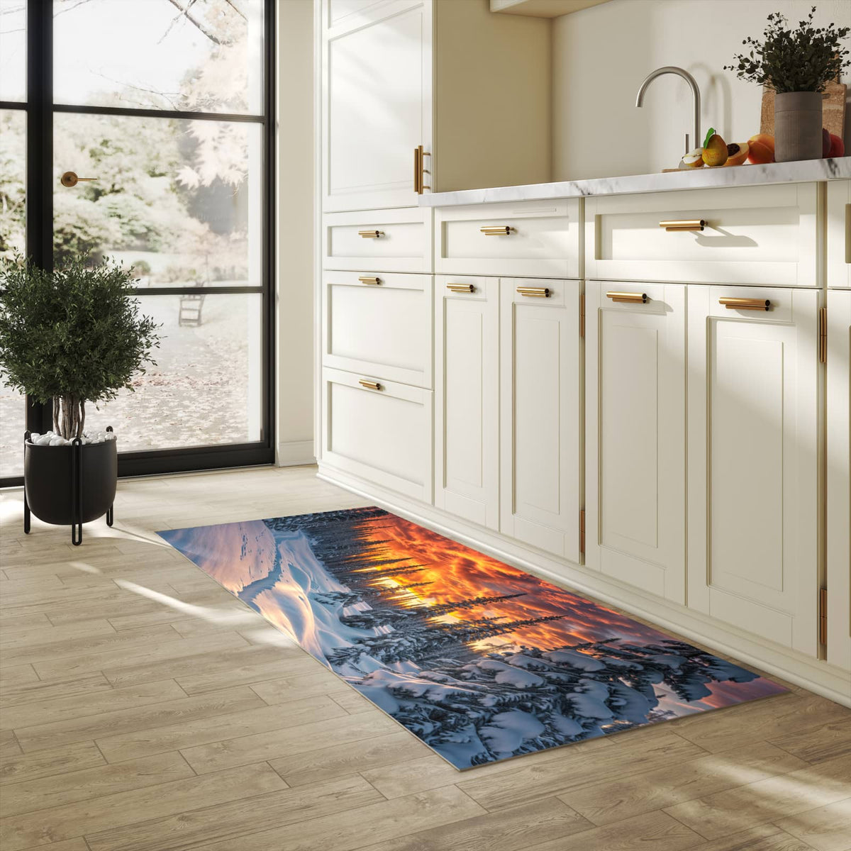 Rutschfester Küchenteppich mit Motiv Winter Sonnenuntergang in heller Küche schützt den Boden