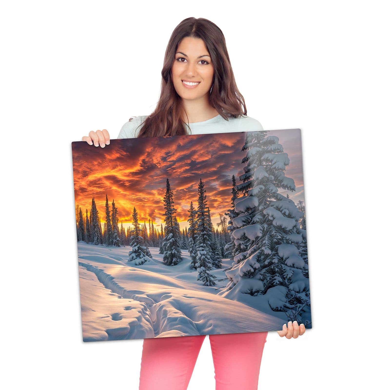 Abdeckplatten für den Herd mit Winter Sonnenuntergang-Motiv wird zur Größendarstellung gehalten