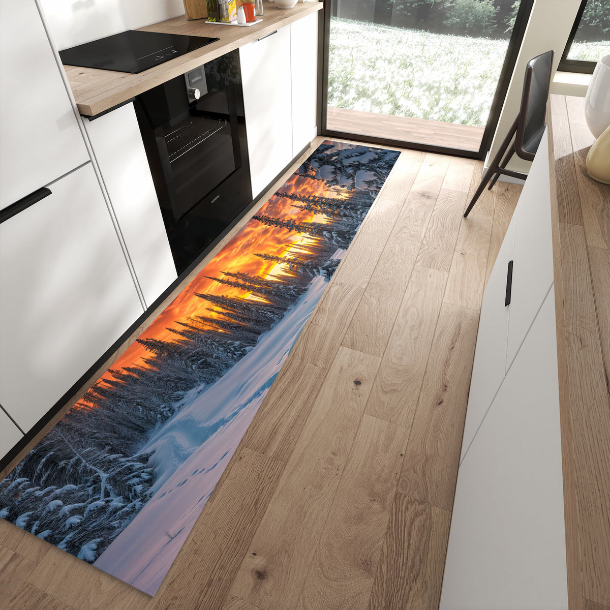 Flacher Küchenteppich mit Motiv Winter Sonnenuntergang in moderner Küche