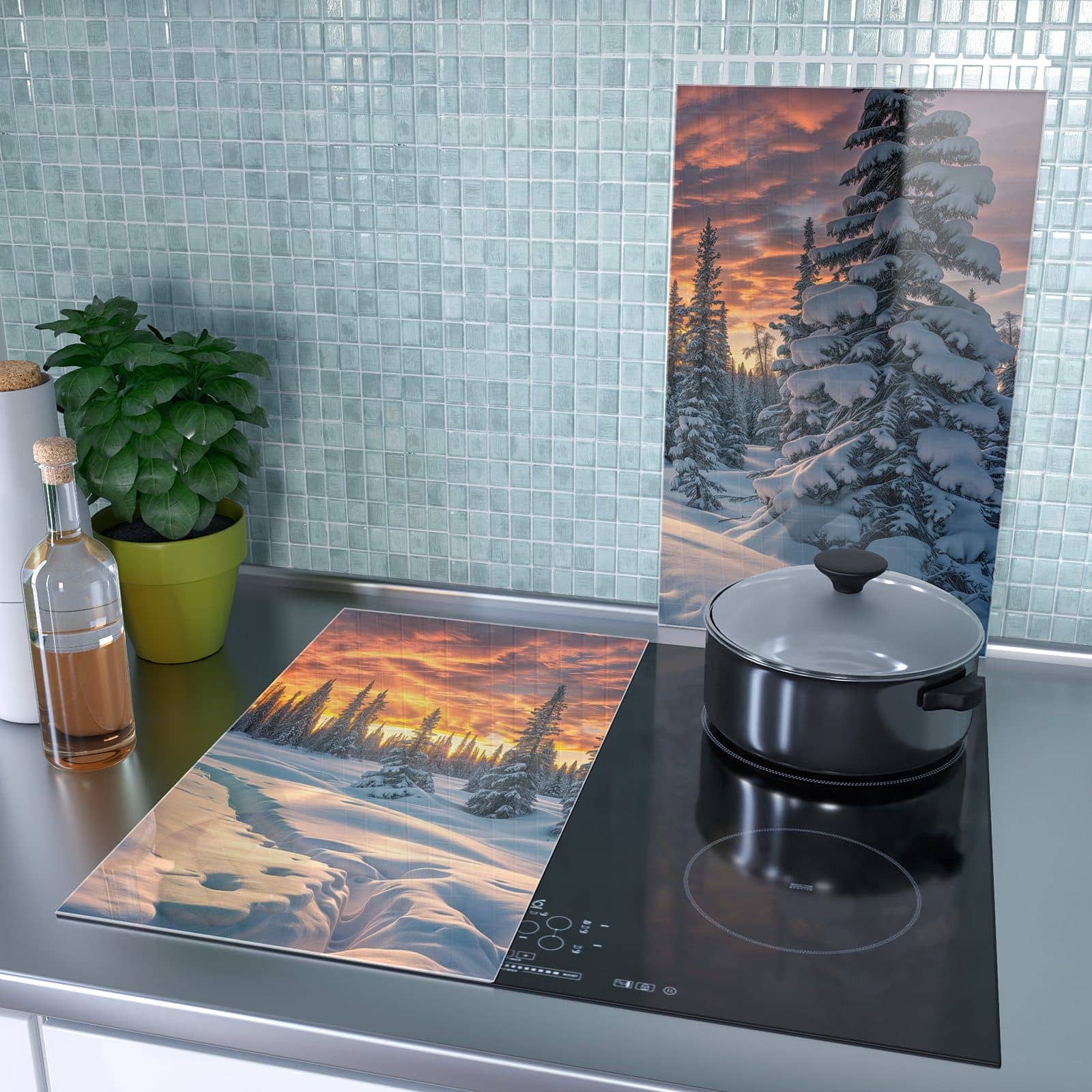 2-teilige Herdabdeckplatte mit Winter Sonnenuntergang-Motiv als Spritzschutz hinter dem Kochfeld