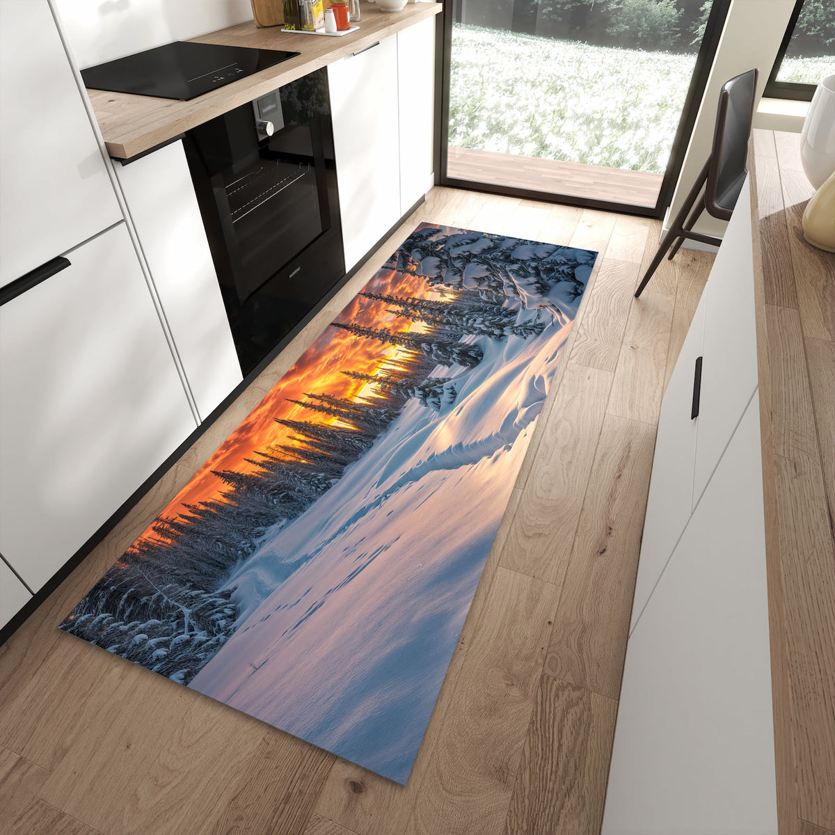 Strapazierfähiger Läufer für die Küche mit Motiv Winter Sonnenuntergang in moderner Küche