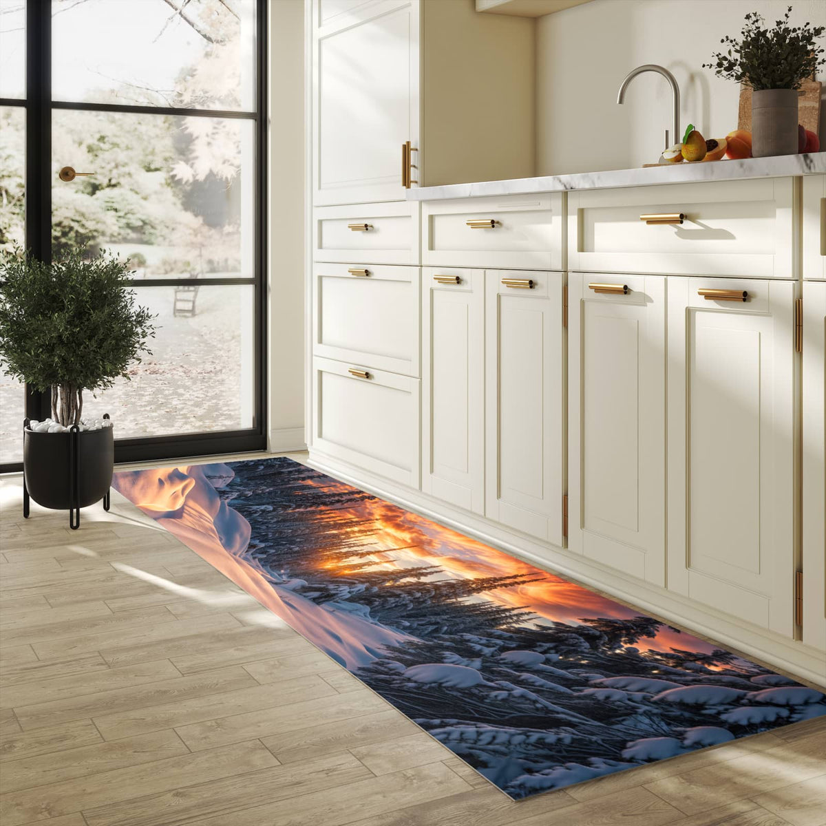 Komfortabler rutschfester Küchenteppich mit Motiv Winterlandschaft Sonne in heller Küche