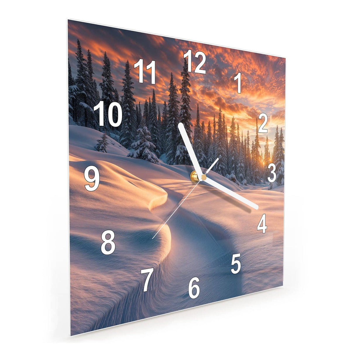 Quadratische Wanduhr aus Glas Roter Himmel über Schnee schräg von der Seite, 4 mm starkes Glas