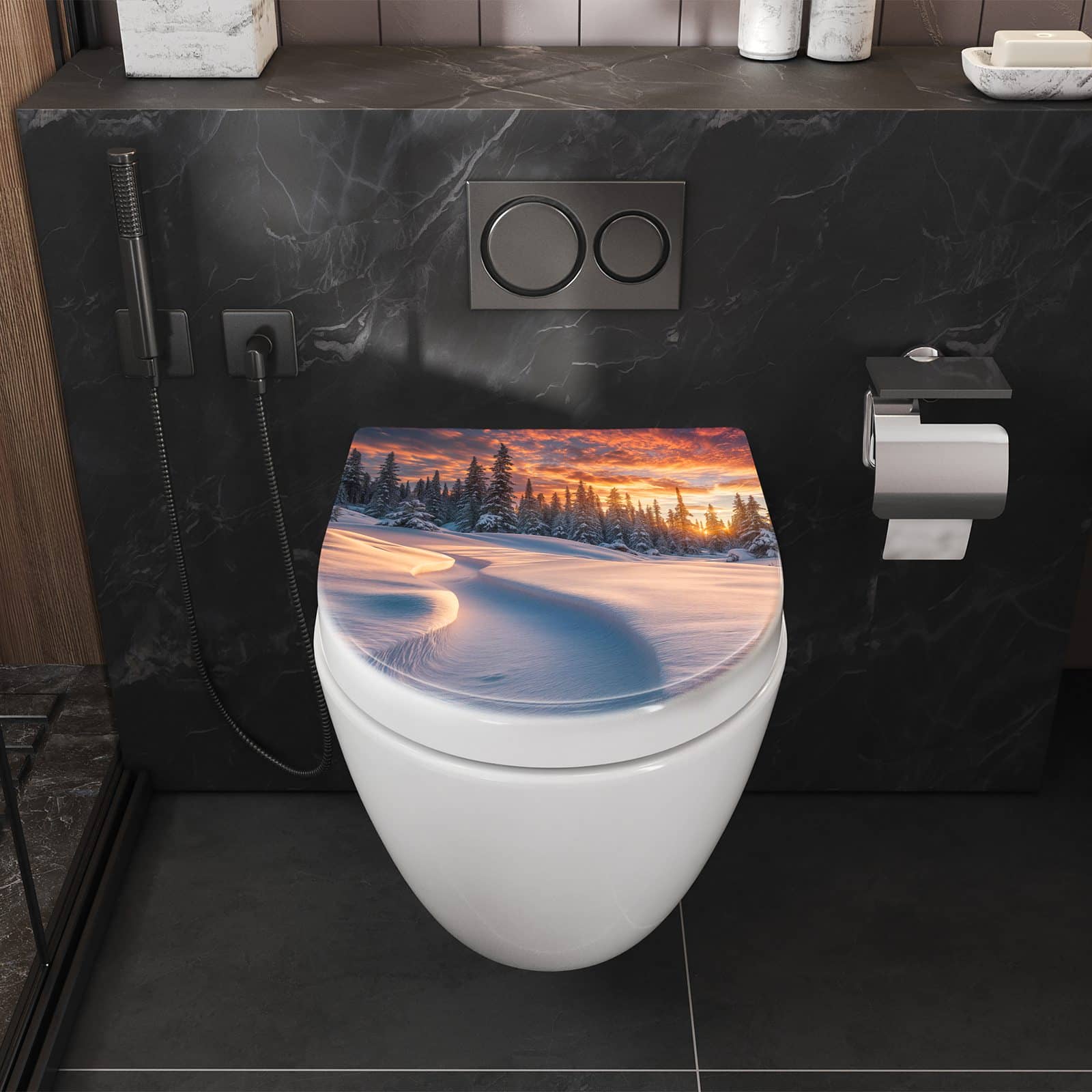 WC-Sitz mit Absenkautomatik Winterlandschaft Sonne