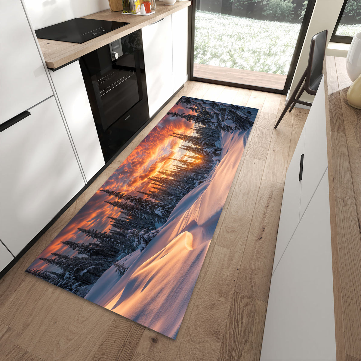 Komfortabler Küchenläufer nach Maß mit Motiv Winterlandschaft Sonne in moderner Küche