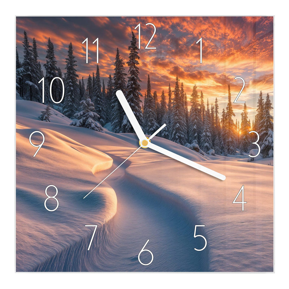 Wanduhr aus Glas, Ziffernblatt Elegant mit Motiv Roter Himmel über Schnee: Verschneite Hügel und Tannen unter feuerrot-orangem Wolkenhimmel