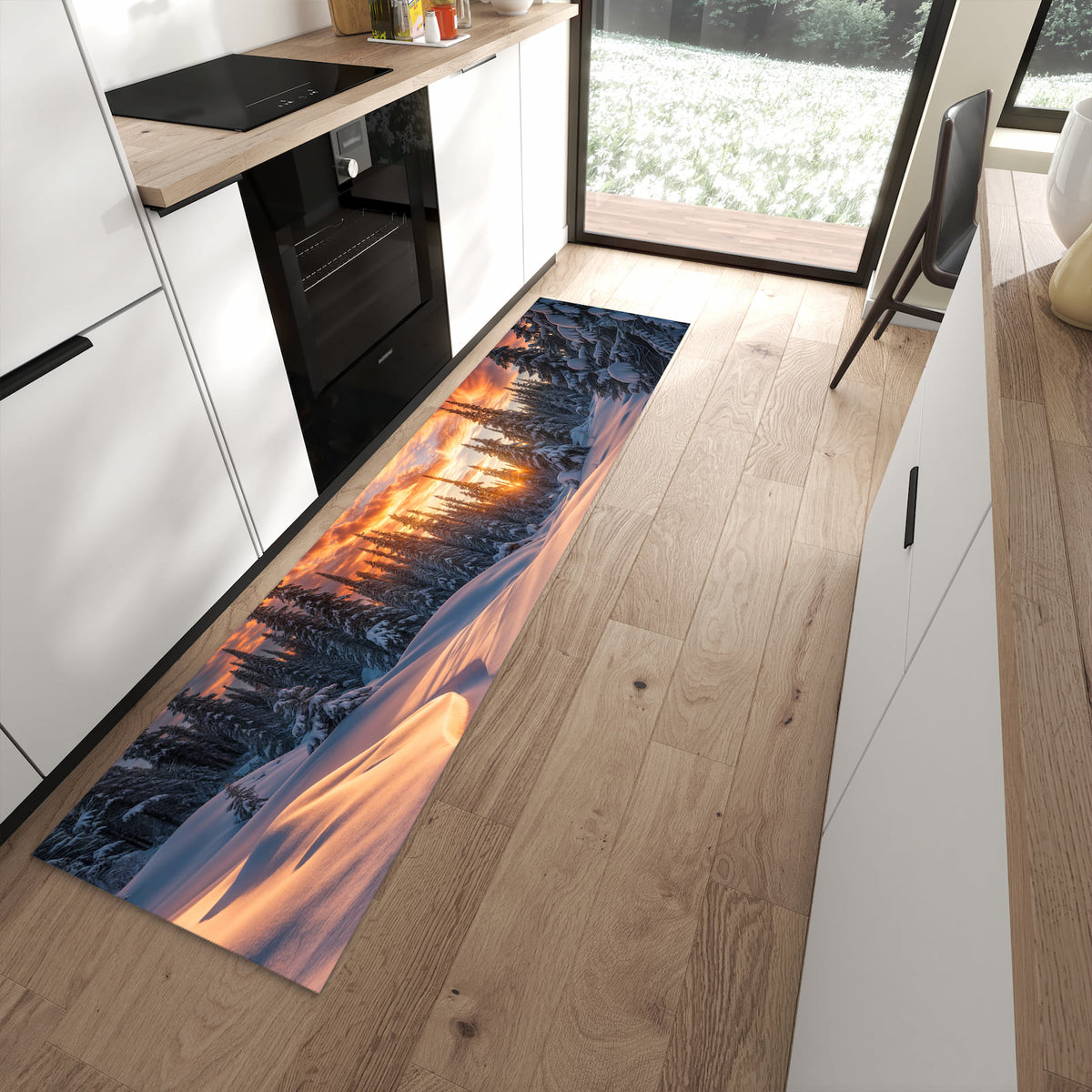 Küchenteppich mit Motiv Winterlandschaft Sonne für Ordnung in moderner Küche