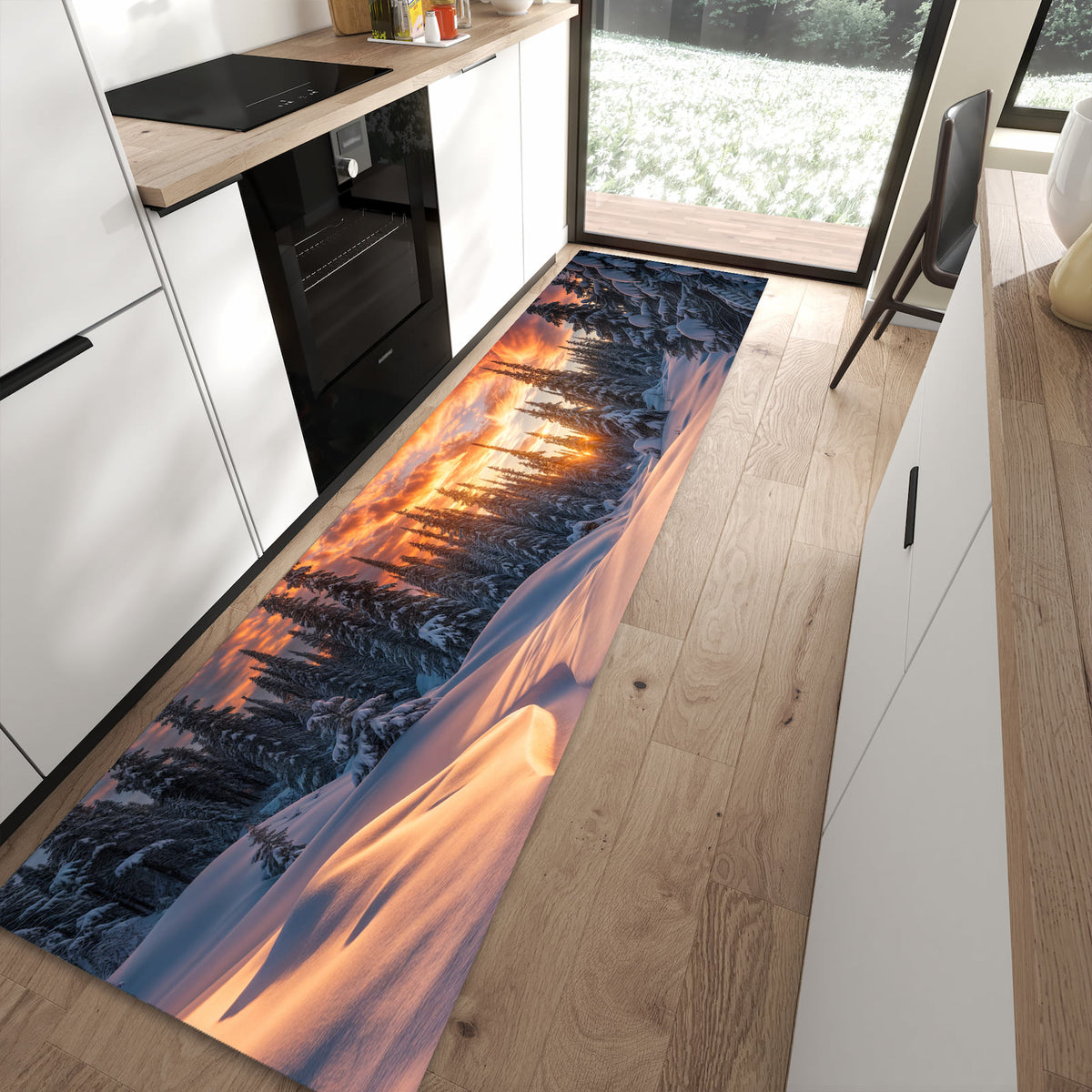 Abriebfester rutschfester Küchenläufer mit Motiv Winterlandschaft Sonne in moderner Küche